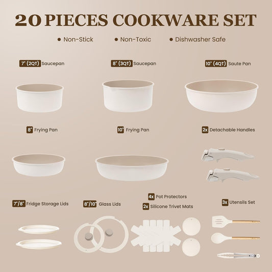 KIKCOIN Ceramic Cookware Set, 20 Pack Nonstick Pots and Pans Set with Detachable Handles, Healthy Frying Pans, Induction Dishwasher Oven Safe Kitchen Set, PFAS PFOA & PTFE Free