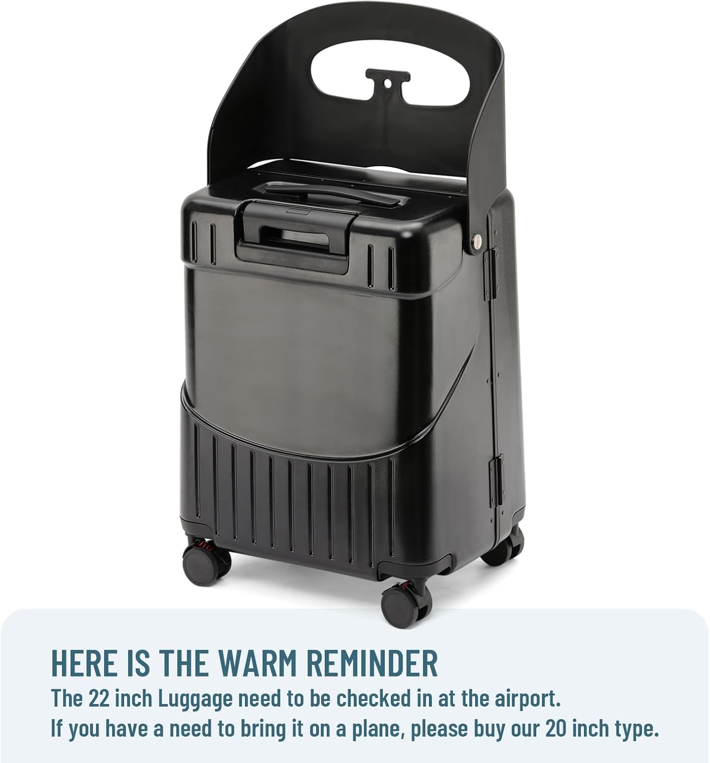 22 Inch TSA Lock Luggage with Seat for Adults and Kids,Check in Lockable Spinner Wheels Suitcase with Belt and Cover (TSA Luggage with Seat Black)