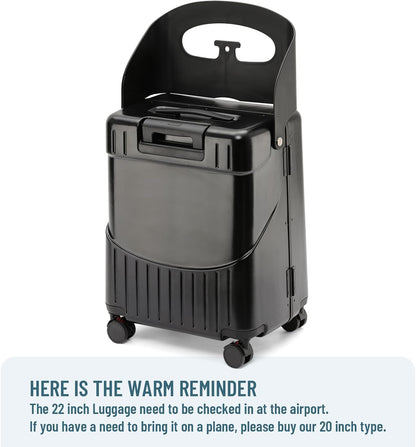 22 Inch TSA Lock Luggage with Seat for Adults and Kids,Check in Lockable Spinner Wheels Suitcase with Belt and Cover (TSA Luggage with Seat Black)