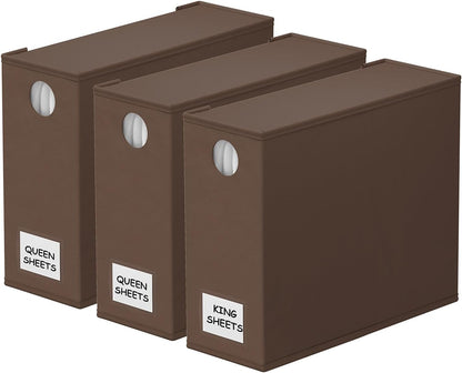 SpaceAid 3 Pack Bed Sheet Organizers and Storage, Foldable Sheet Organizer for Linen Closet, Sheets Set Folder Keeper with Window XL (Queen & King Size) Bedding Container (Brown, 3 Pack)