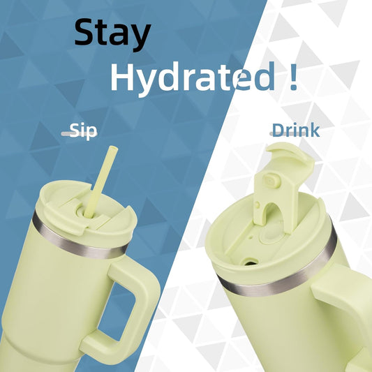 40 oz Tumbler with Handle and 2 Straws,2 in 1 Lid Insulated Water Bottle Stainless Steel Travel Coffee Mug,Macaron Green