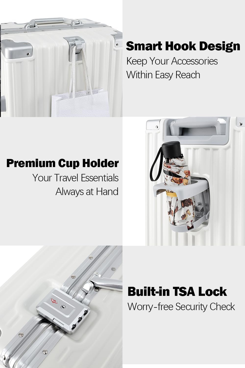 HotWay 26 Inch Aluminum Frame Luggage with Spinner Wheels, PC Hard Shell Suitcase with Cup Holder, Zipperless Luggage for Business Travel, White