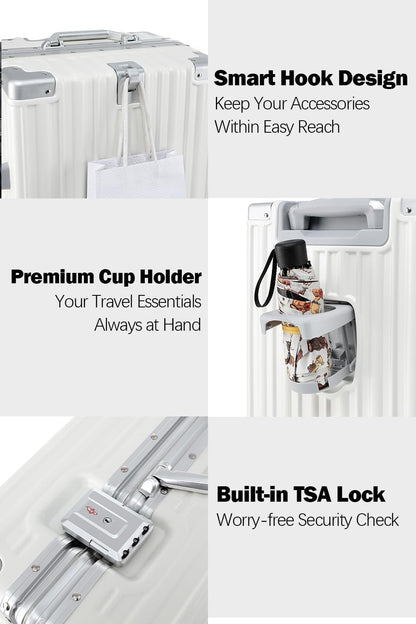 HotWay 20 Inch Aluminum Frame Carry On Luggage with Spinner Wheels, PC Hard Shell Suitcase with Cup Holder, Zipperless Luggage for Business Travel, White