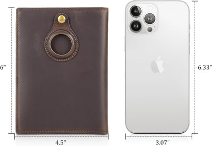 Polare Full Grain Leather Passport Holder RFID Blocking Travel Bifold Wallet Passport Holders 2 Passports (Dark Brown with AirTag Slot)