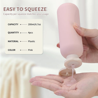 6.7oz Travel Shampoo Bottle, Empty Plastic Squeeze Bottles with Flip Cap, 4PCS Lotion Container for Toiletries (200ml, Pink)