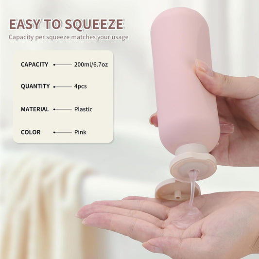 6.7oz Travel Shampoo Bottle, Empty Plastic Squeeze Bottles with Flip Cap, 4PCS Lotion Container for Toiletries (200ml, Pink)