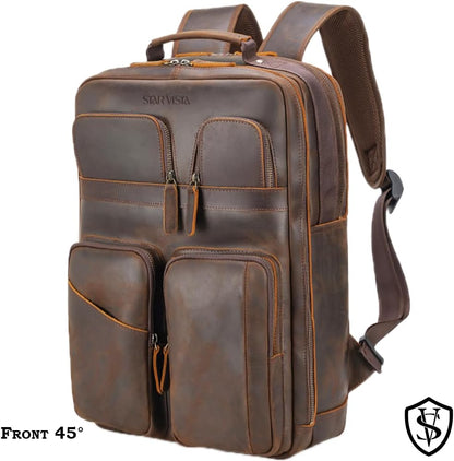 STAR VISTA Angelo 17.3" Vintage Full Grain Leather Laptop Backpack for Men, Multi Pockets, Casual Outdoor Business Travel Rucksack, YKK Zippers, Dark Brown