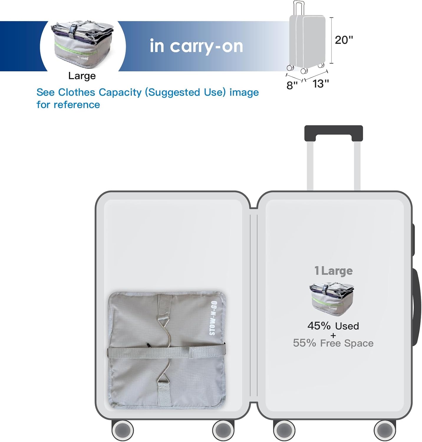 Grand Fusion Stow-N-Go Portable Hanging Travel Shelves, Packing Organizer for Luggage. Carry on Closet with Hanger for Clothes. Expandable Packing Cube. Travel Essentials, Light Gray - L