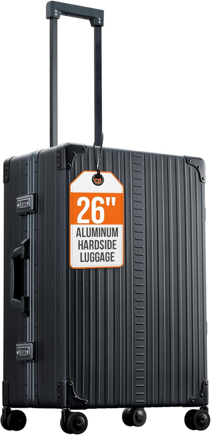 Aleon All Aluminum Lightweight 26" Carry-On Luggage - Hardside Carry-On Suitcase, TSA Approved, Hard Shell Suitcase for Travel, Airline Approved Hard Spinner Wheels Luggage (Onyx)