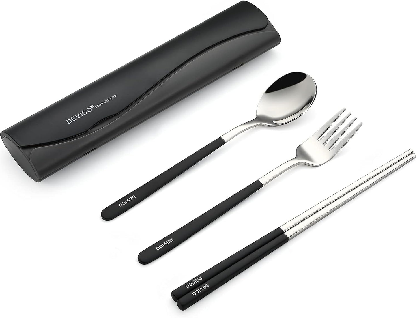 DEVICO Portable Travel Utensils with Case, Reusable Camping Silverware for Lunch, 18/8 Stainless Steel Cutlery Set (Black)