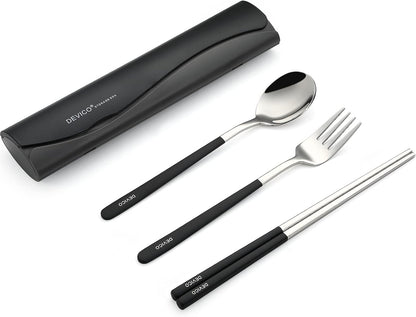 DEVICO Portable Travel Utensils with Case, Reusable Camping Silverware for Lunch, 18/8 Stainless Steel Cutlery Set (Black)