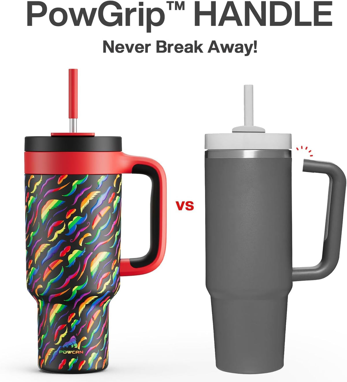 POWCAN 40 oz Tumbler with Handle, 2-in-1 Straw and Sip Lid, Leakproof, Dishwasher Safe, Insulated Stainless Steel Travel Coffee Mug, Keeps Cold for 34 Hours, Fits in Car Cup Holder (Rainbow Whiskers)