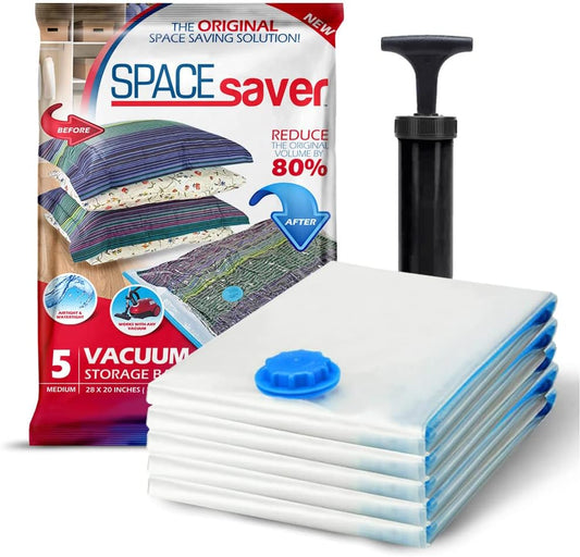 5 Pack Medium Vacuum Storage Bags for Comforters, Blankets & Clothes – Vacuum Sealed Compression Bags with Hand Pump – Space Saver Storage Bags for Bedding, Moving, Travel & Organization