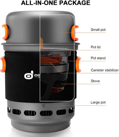 Odoland Heat Exchange Camping Pot with Backpacking Stove 7-In-1 Camping Cookware Mess Kit for Hiking, Trekking, Fishing and Picnic