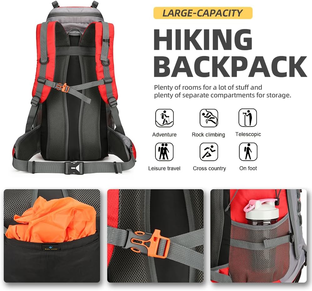 King'sGuard 60L Hiking Backpack Lightweight Camping Backpack with Rain Cover Large Waterproof Packable Outdoor Trekking Travel Backpack for Men Women (Red)