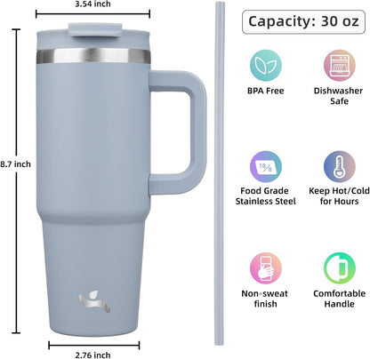 30 oz Tumbler with Handle and 2 Straws,2 in 1 Lid Insulated Water Bottle Stainless Steel Travel Coffee Mug,Lavender