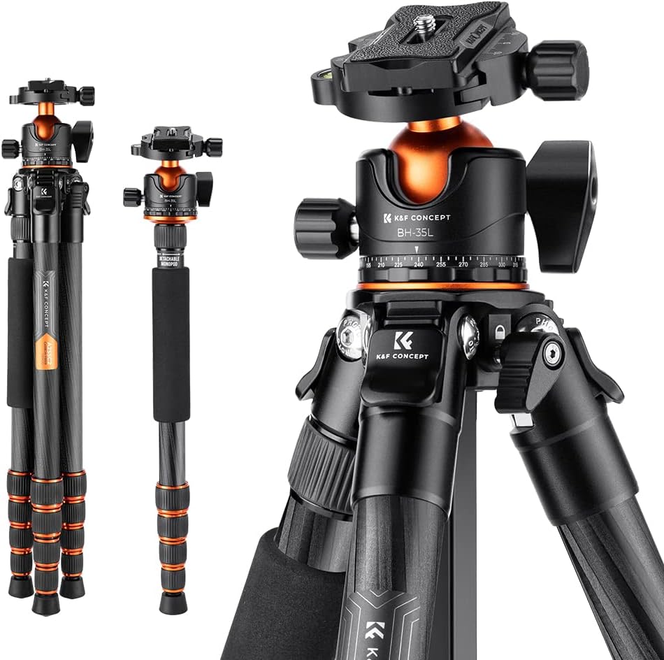 K&F Concept 62" Carbon Fiber Camera Tripod,Portable Compact Tripods with Detachable Monopod,360° Metal Ball Head 33lbs Load Capacity with Quick Release Plate for Travel and Work A255C2+BH-35L