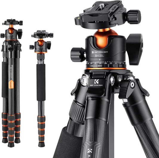 K&F Concept 62" Carbon Fiber Camera Tripod,Portable Compact Tripods with Detachable Monopod,360° Metal Ball Head 33lbs Load Capacity with Quick Release Plate for Travel and Work A255C2+BH-35L