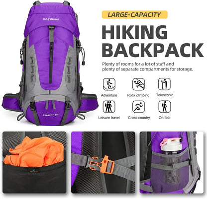 King'sGuard 60L Hiking Backpack Lightweight Camping Backpack with Rain Cover Large Waterproof Packable Outdoor Trekking Travel Backpack for Men Women (Purple)