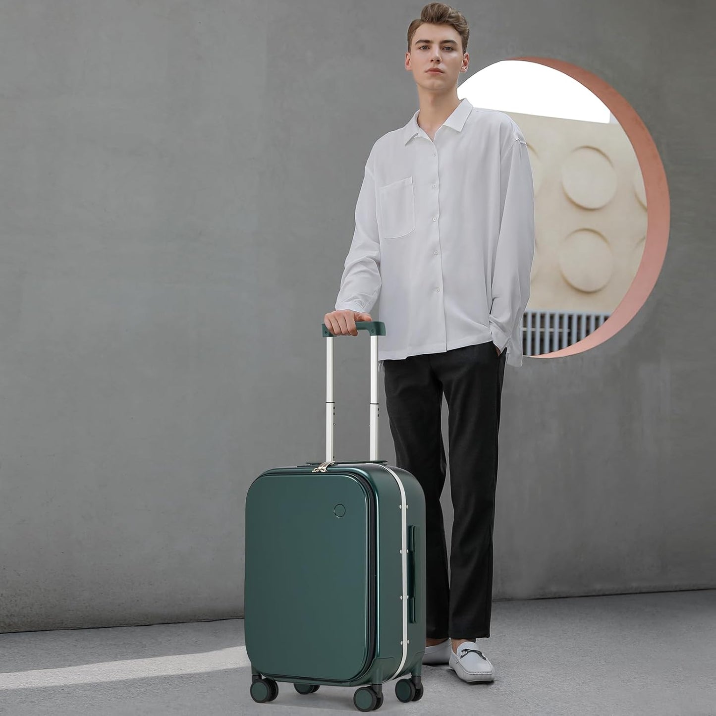 mixi Carry On Luggage, 20'' Suitcase with Front Laptop Pocket, Travel Rolling Luggage Aluminum Frame PC Hardside with Spinner Wheels & TSA Lock and Cover - Blackish Green