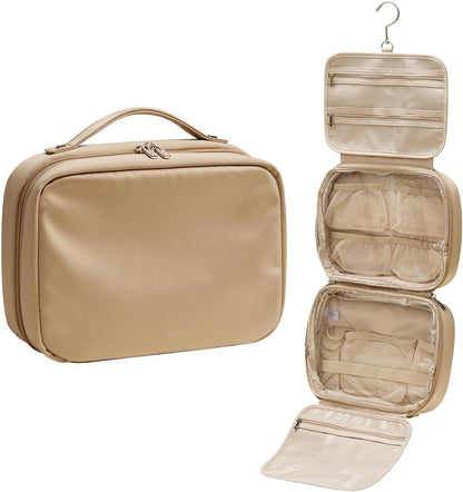 EACHY Hanging Toiletry Bag, Satin 4 Compartments Travel Toiletry Bags for Women, Large Capacity Make Up Organizer Bag with Handle & Compartments (Camel, L)