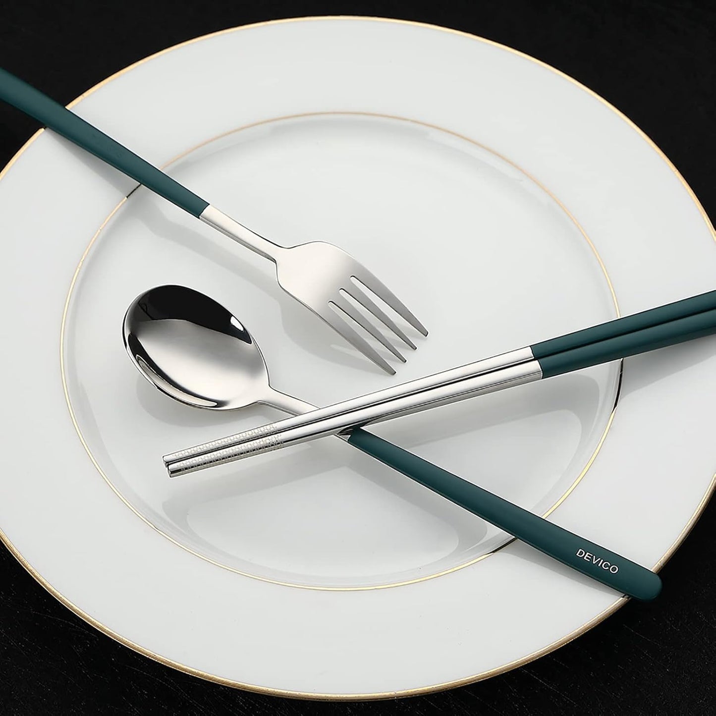 DEVICO Travel Utensils, 18/8 Stainless Steel Portable Reusable Camping Silverware Cutlery Flatware Set, 4-Piece Include Fork Spoon Chopsticks with Case (Dark Green)