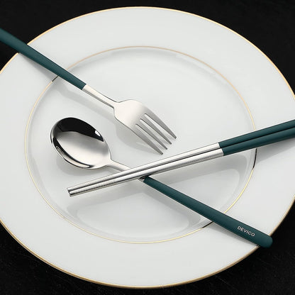 DEVICO Travel Utensils, 18/8 Stainless Steel Portable Reusable Camping Silverware Cutlery Flatware Set, 4-Piece Include Fork Spoon Chopsticks with Case (Dark Green)