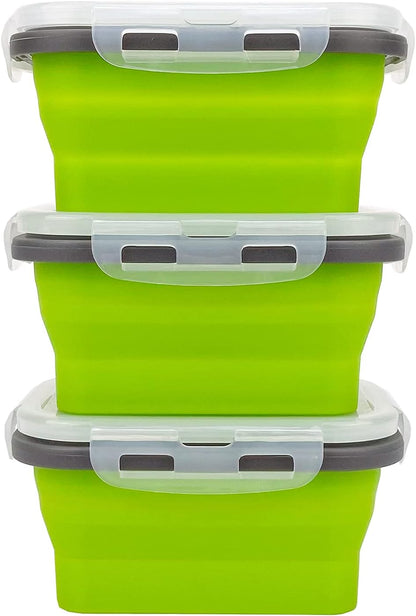 CCyanzi 3piece Collapsible Food Storage Containers with Lids, Silicone Lunch Container, Microwave & Freezer Safe, Space Saving for Kitchen Cabinet and Camping Backpack,(green gray)