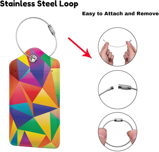 2 Pcs Luggage Tags for Suitcases Unique, Bright Rainbow Leather Baggage Tag with Colorful Geometric Pattern, Identifiers Tags with Privacy Name Address Labels & Durable Steel Loop for Women Men Travel