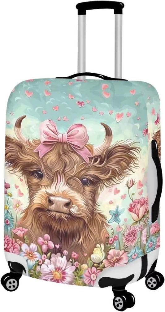 Highland Cow Suitcase Cover Flower Suitcase Protector Fits 18-21 Inch Luggage(Size S) Anti-Scratch Washable Spandex Luggage Cover Stretchable Suitcase Covers with Zipper