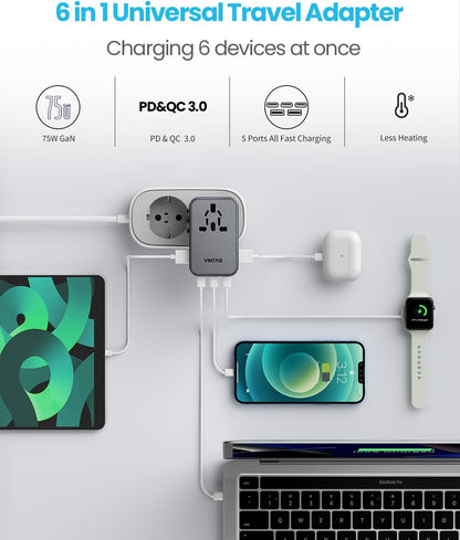 Universal Travel Adapter, VINTAR 75W GaN International Power Adapter with 3 USB-C PD and 2 USB-A QC Charging Ports, All-in-one Outlet Converter Wall Charger for Europe UK USA AUS(Type C/G/A/I), Grey