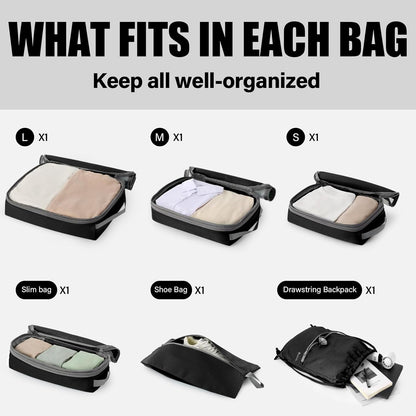 6 Set Compression Packing Cubes for Travel, Bonus Versatile Drawstring Backpack, Lightweight Luggage Organizer Bags, Sturdy Travel Accessories for Suitcase, Black