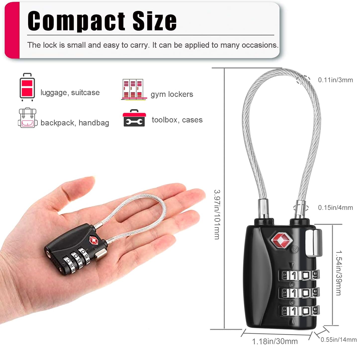 ZHEGE Luggage Locks TSA Approved 4 Pack Cable Padlocks for Suitcase, Baggage, Backpack, Pistol Case (Multiple Colors)