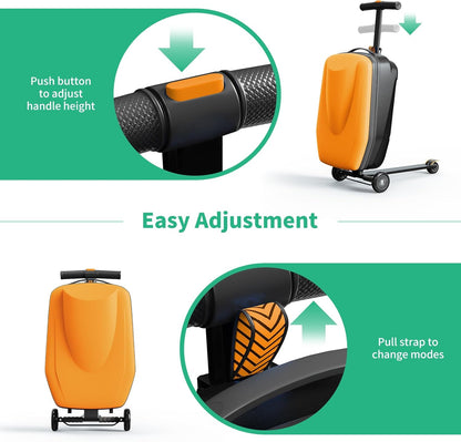 Scooter Hardshell Kids' Luggage, Foldable Carry on Kids Suitcase with Telescopic Handle for Travel, Multifunctional Ride On Lightweight Luggage with Wheels, Vitality Orange