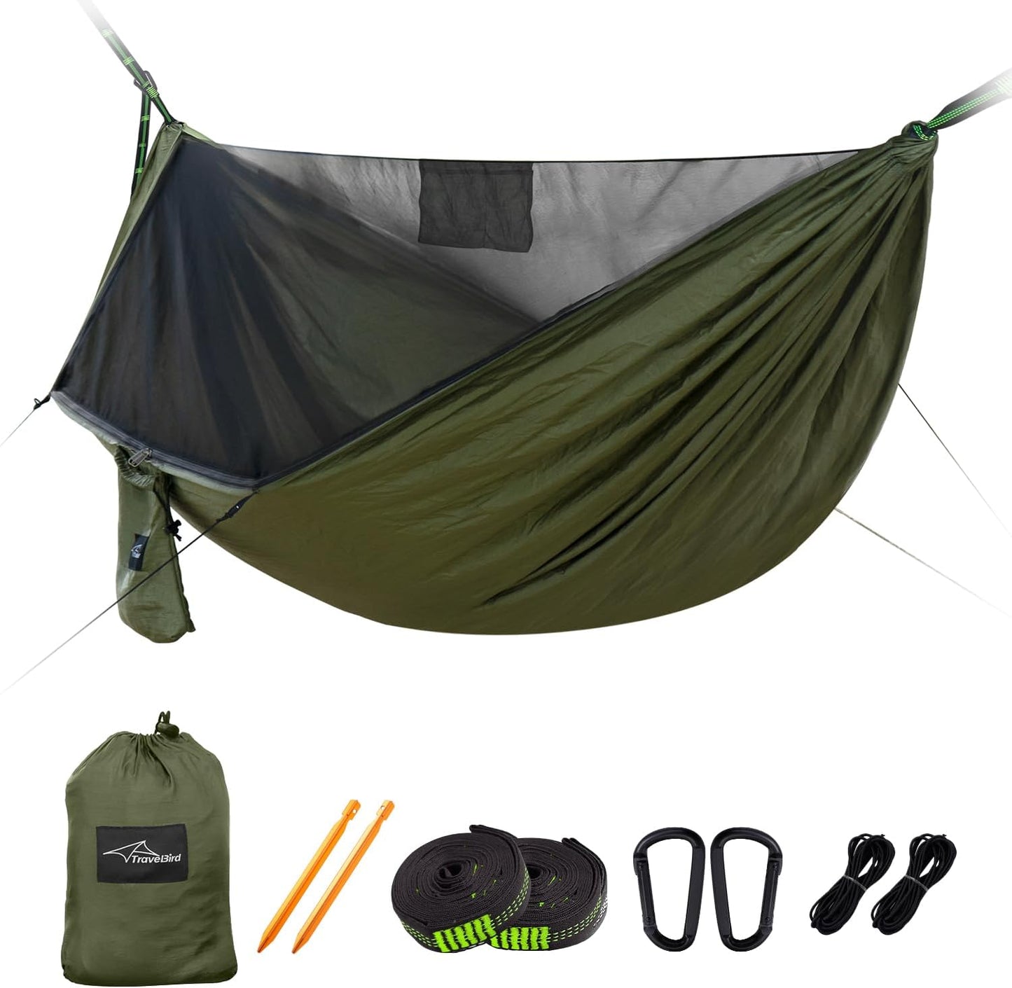 Camping Hammock with Mosquito Net and Ridge Rope, Extra Large for 2 Person, Lightweight Hanging Hammocks Tree Straps, All-in-one Fast Open Hammock for Outside, Hiking, and Travel