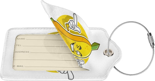2 Packs Cute Banana Pattern Leather Luggage Tags Novelty Funny Cartoon Suitcase Labels Bag Tag Name ID Labels with Privacy Cover for Teen Kids Adult White Background