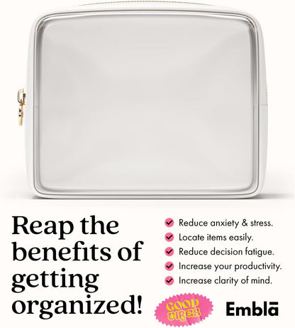 Clear Makeup Bag Zipper Pouch, Transparent Cosmetic Case Organizer, TSA Approved Travel Toiletry Case, Travel Accessories Essentials Makeup Tote for Women, Large Cute Make up Bag for Purse - White