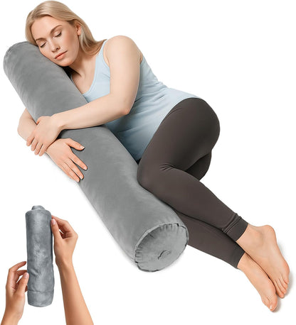 ETROL Inflatable Body Pillow for Adults, 47-inch Long Pillows for Bed, Bolster Pregnancy Pillows for Sleeping, Inflatable Travel Full Body Pillow, Hug Round Pillow for Side Sleeper, Soft Velvet, Grey