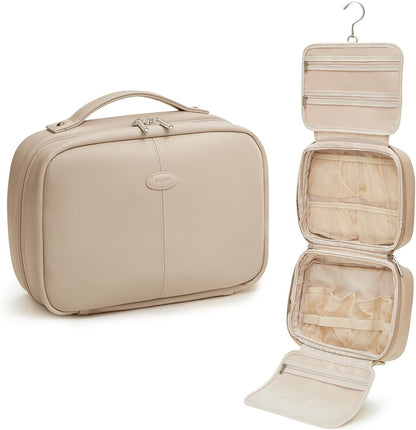 EACHY Toiletry Bag with Hanging Hook, Travel Makeup Bag PU Leather Cosmetic Bags for Women Make Up Organizer with 4 Compartments Waterproof Full-Size Portable Travel Essentials (Trench，Pro)