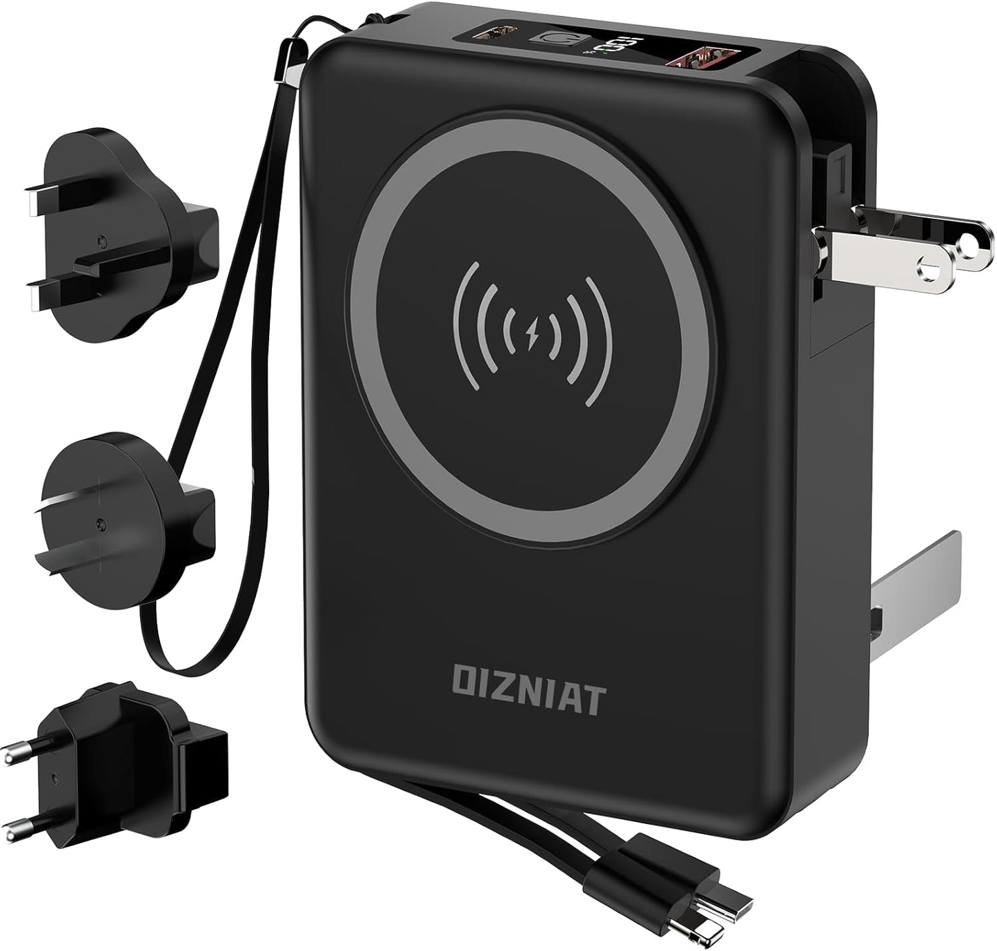 10000mAh Portable Charger Power Bank for magsafe, 22.5W Fast Charging Wall Plug Power Bank for iPhone Andriod Sumsung 5 in 1 Travel Wireless Charger Built in USB C Lightning Cables-B