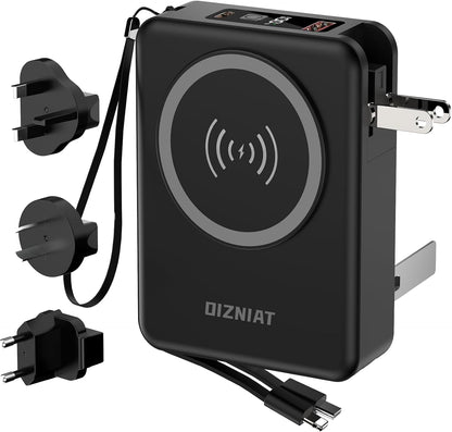 10000mAh Portable Charger Power Bank for magsafe, 22.5W Fast Charging Wall Plug Power Bank for iPhone Andriod Sumsung 5 in 1 Travel Wireless Charger Built in USB C Lightning Cables-B