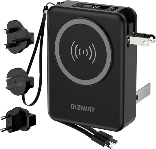 10000mAh Portable Charger Power Bank for magsafe, 22.5W Fast Charging Wall Plug Power Bank for iPhone Andriod Sumsung 5 in 1 Travel Wireless Charger Built in USB C Lightning Cables-B