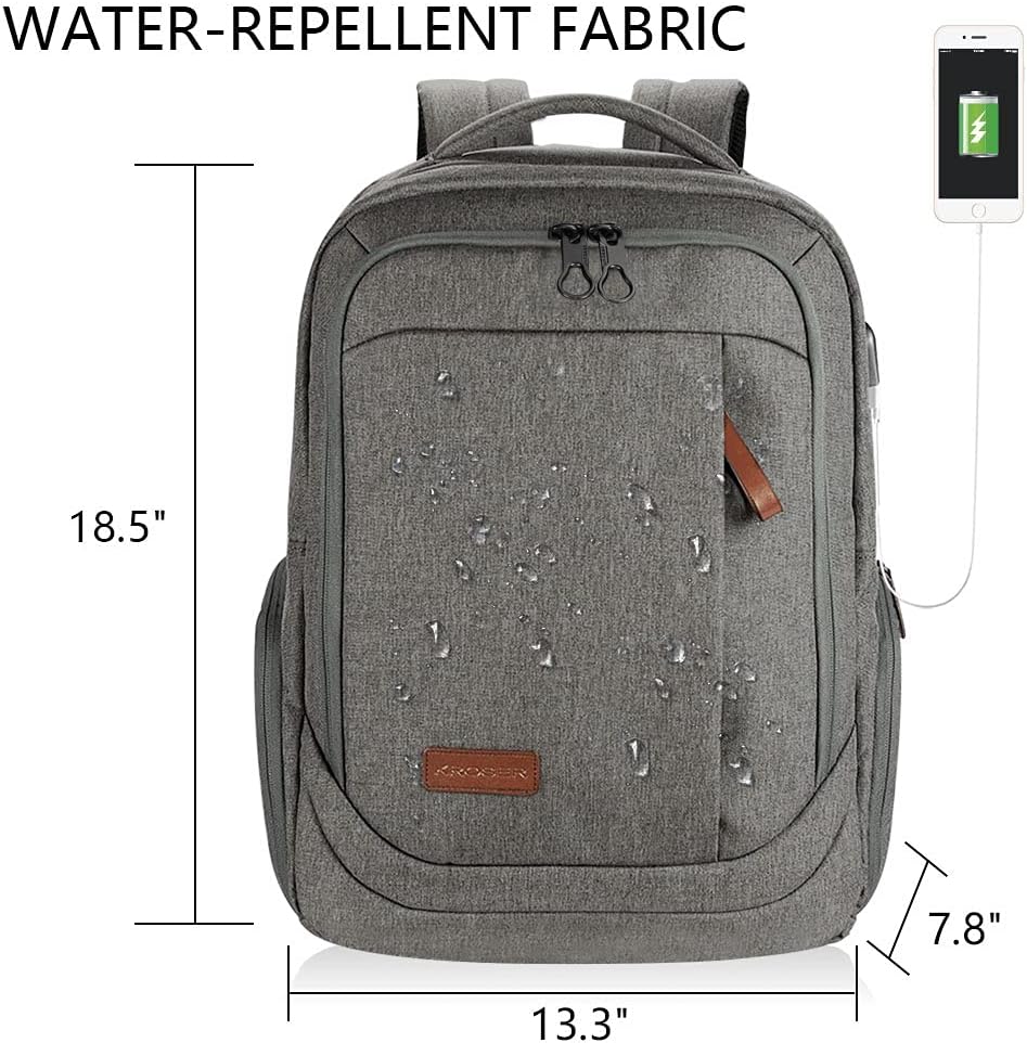 KROSER Laptop Backpack Large Computer Backpack Fits up to 17.3 Inch Laptop with USB Charging Port Water-Repellent Casual Daypack for Travel/Business/College/Women/Men-Grey