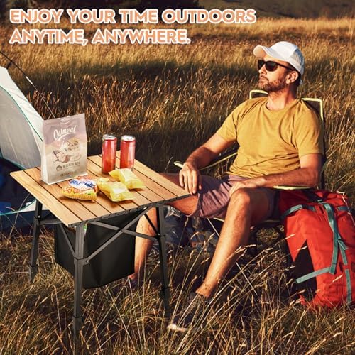 Aluminum Camping Side Table, Compact Folding Outdoor Portable Beach Small Camp Table with Carry Bag and Storage, Picnic, Hiking, Fishing, Grill(Wooden)