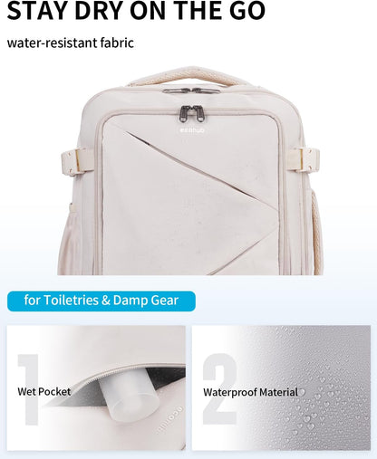 ECOHUB 30L Carry on Travel Backpack for Men Women 18x14x8, 17 inch Expandable Airlines Personal Item Bag Water Resistant Laptop Backpack Flight Approved with USB Slot & Wet Pocket, Beige