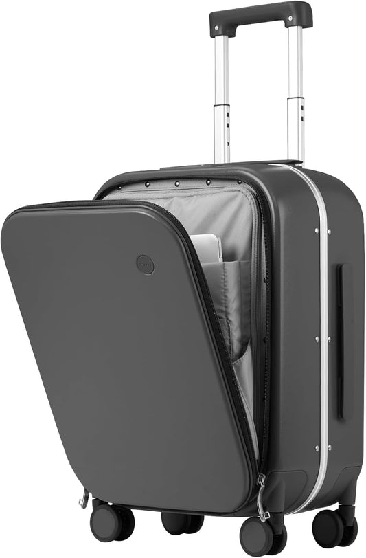 mixi Carry On Luggage, 20'' Suitcase with Front Laptop Pocket, Travel Rolling Luggage Aluminum Frame PC Hardside with Spinner Wheels & TSA Lock and Cover - Rock Gray