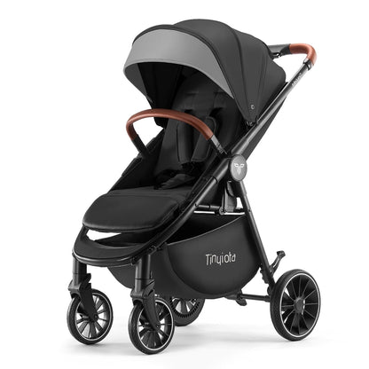 Tinyiota Baby Stroller, Infant Stroller with Large UPF 50+ Canopy,Luxury Pram Strollers with Leather Handle & Spacious Seat, One-Hand Foldable Pushchair, Toddler Carriage with Lie-Flat Mode(Black)