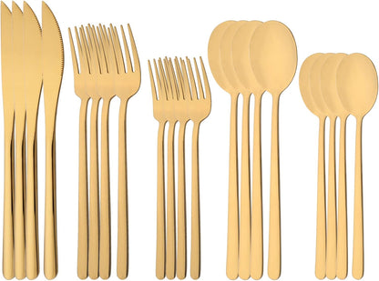 20 Pieces Silverware Set 304 Stainless Steel, Healthy & Eco-Friendly Silver Travel Mirror Polished Gold Knife Fork Spoon Salad Fork Dessert Spoon Flatware Set, Service for 4