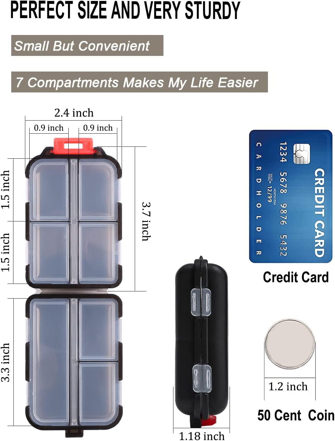 2PS Weekly Pill Organizer Small Folding Box 7 Day BPA-Free Daily Pill Container Foldable Travel Pill Case with Lock Pill Holder， Medicine Organizer for Purse Pocket to Store Vitamin Etc (Black)