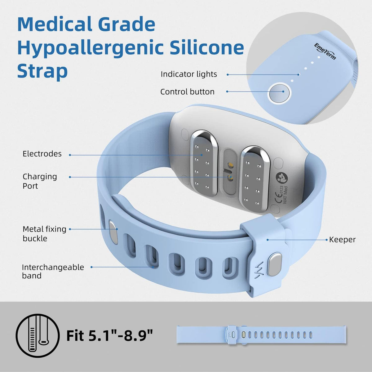 EmeTerm Fashion Anti-Nausea Wristband Relieve Morning Motion Travel Sickness Rechargeable Drug Free Bands Without Side Effects - Extra 2pack Conductive Gel (Blue - Extra 2pack Conductive Gel)